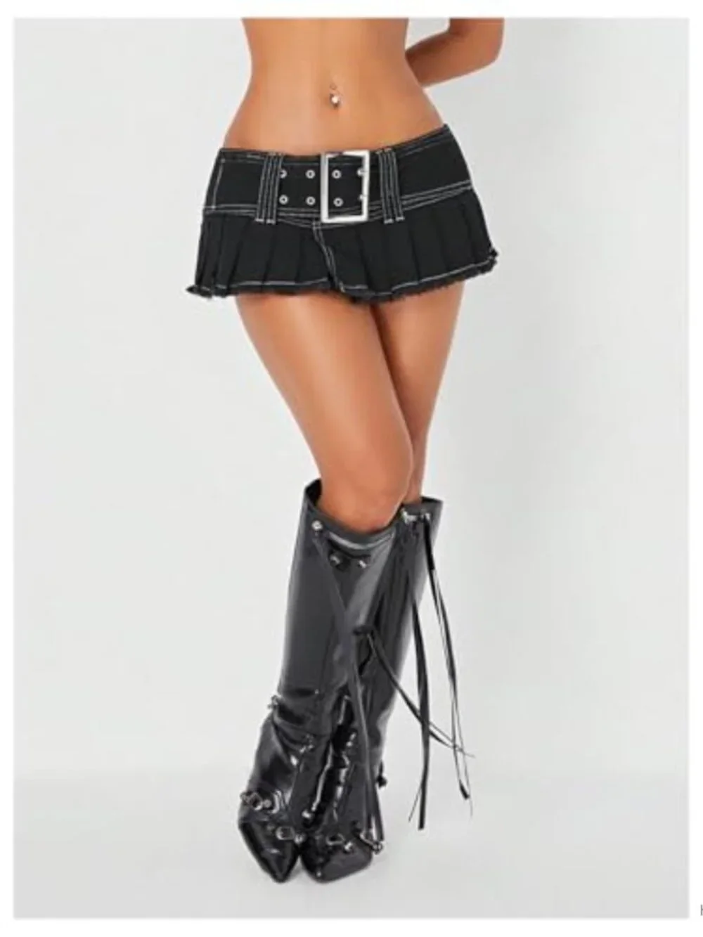 Y2K Pleated Denim Mini Skirt with Belt, Low Waist Raw Hem Hippie Skirt
